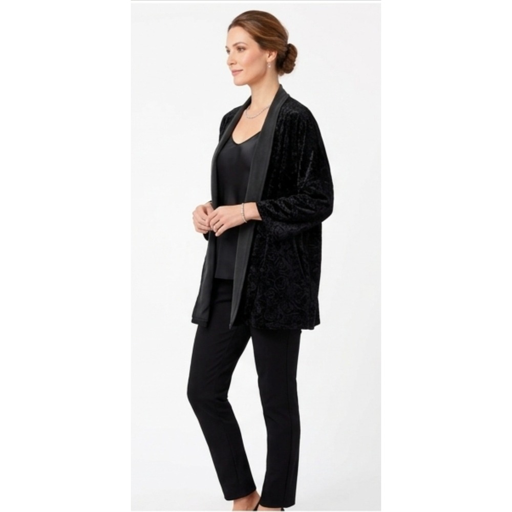 LOGO Lori Goldstein Black Cardigan M/L Velvet Floral Draped Open Front Kimono
